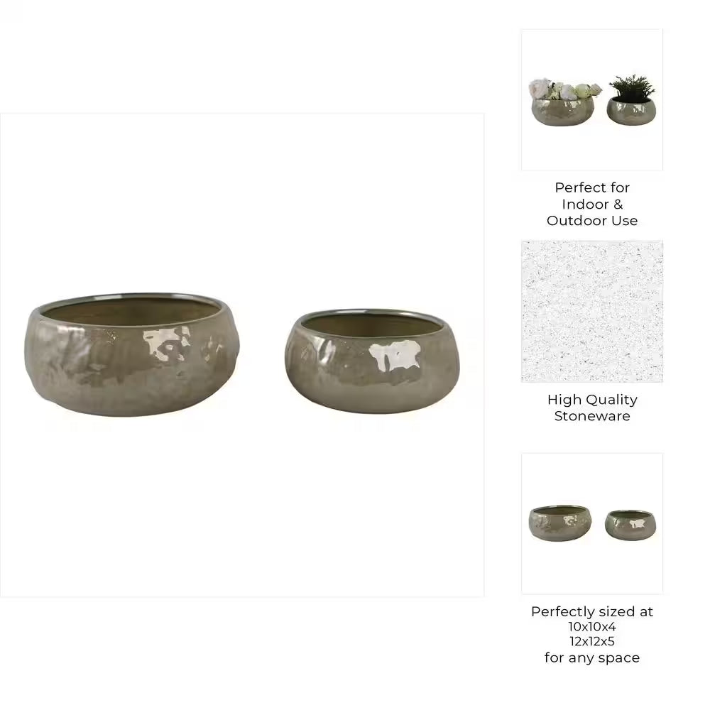 10 In. and 12 In. Green Ceramic Iridescent Bowl Decorative Pots (Set of 2)