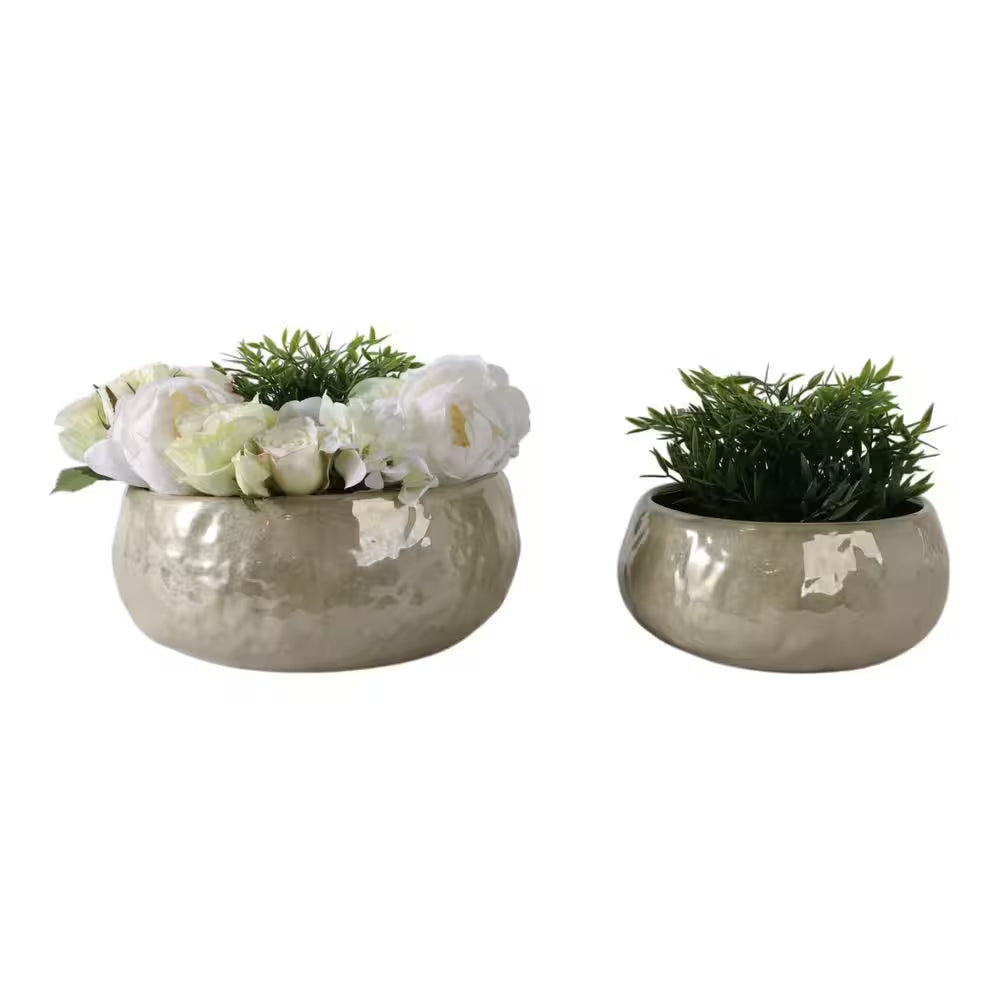 10 In. and 12 In. Green Ceramic Iridescent Bowl Decorative Pots (Set of 2)