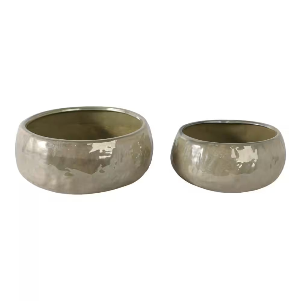 10 In. and 12 In. Green Ceramic Iridescent Bowl Decorative Pots (Set of 2)