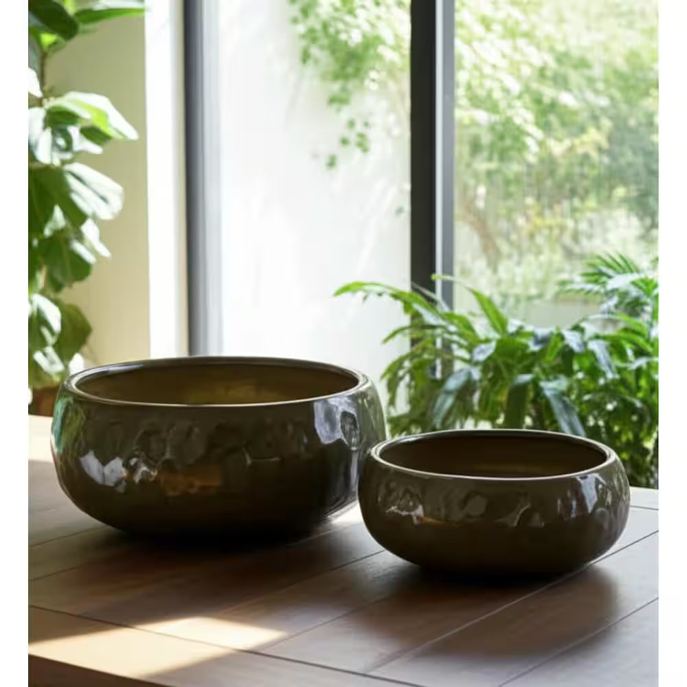 10 In. and 12 In. Green Ceramic Iridescent Bowl Decorative Pots (Set of 2)