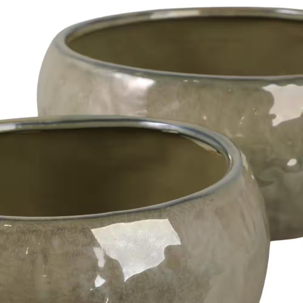 10 In. and 12 In. Green Ceramic Iridescent Bowl Decorative Pots (Set of 2)
