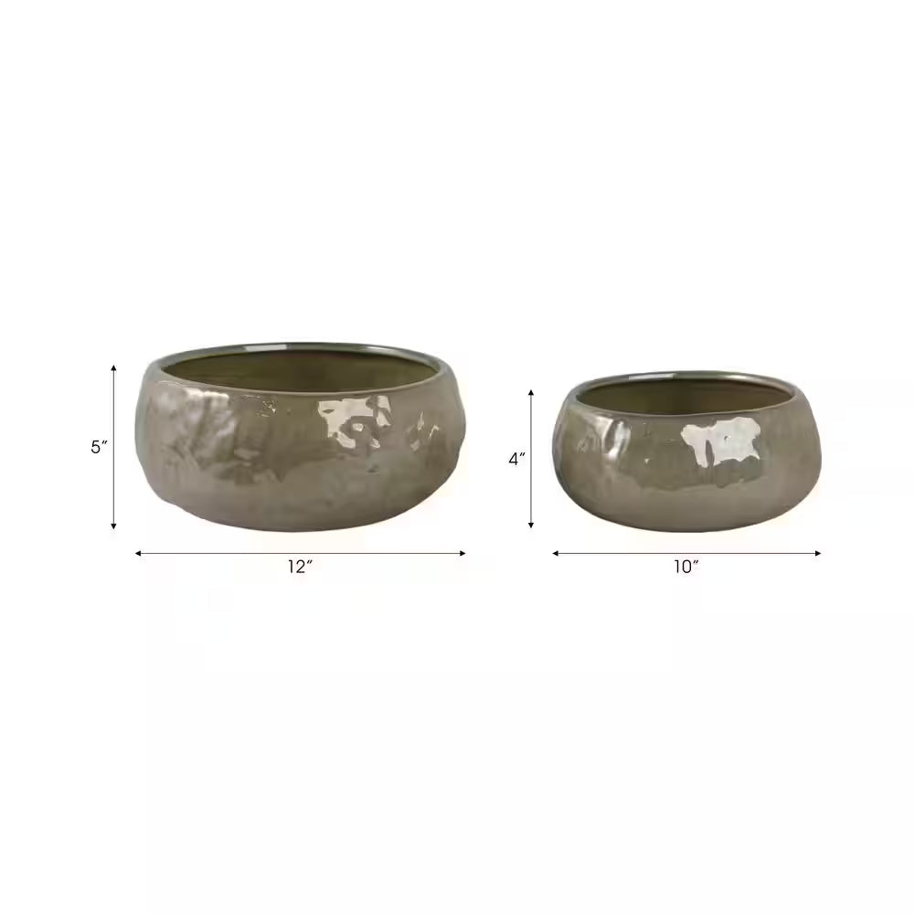 10 In. and 12 In. Green Ceramic Iridescent Bowl Decorative Pots (Set of 2)