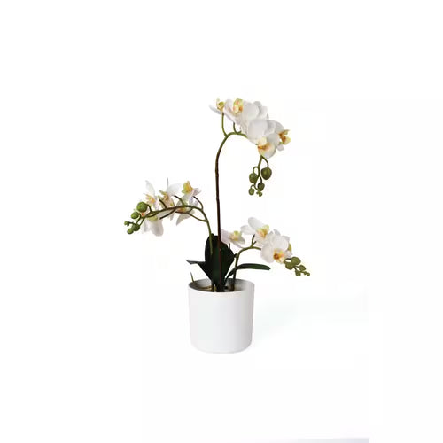 17 In. White Artificial Orchid in White Planter Pot